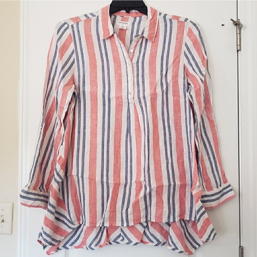 Artisan NY striped linen half button up blouse M
